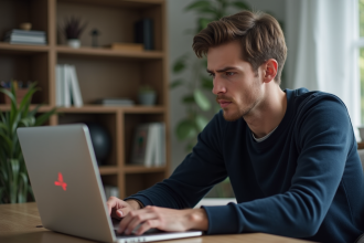 Jeune homme face à une erreur 404 sur son ordinateur