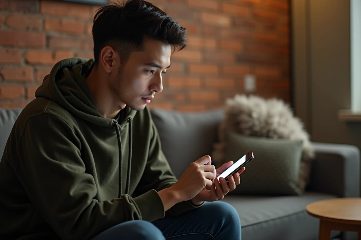 Jeune homme consultant l'interface Mafreeboxos sur smartphone pour diagnostiquer une erreur de connexion