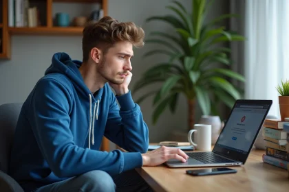 Jeune homme frustré devant son ordinateur à la maison