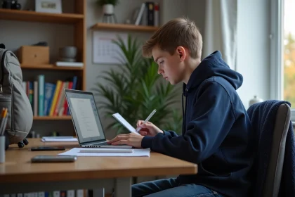 Adolescent en hoodie regardant son ordinateur dans sa chambre