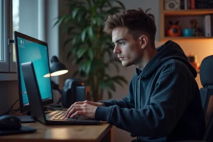 Jeune homme concentré recherchant des cheat codes sur son laptop