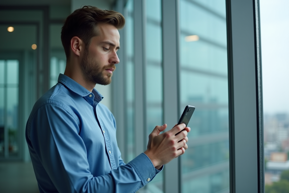 Jeune homme avec smartphone dans un bureau moderne