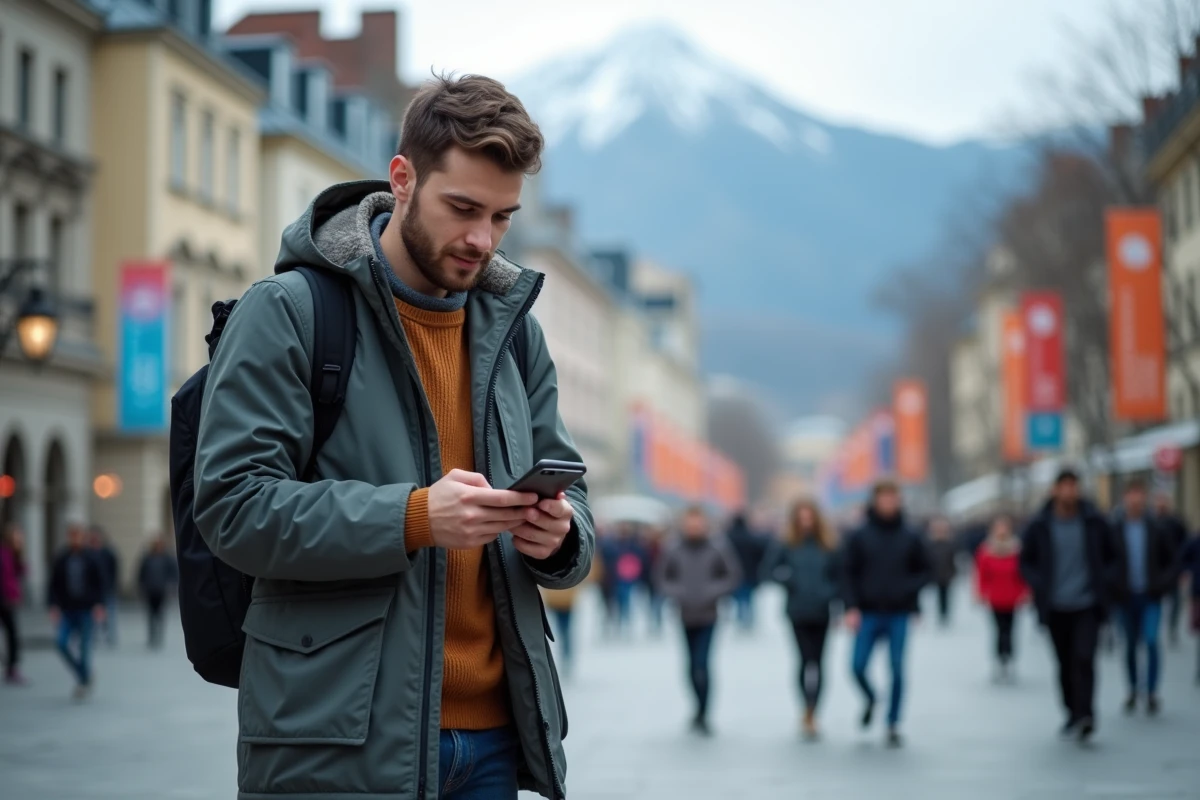 Jeune homme vérifiant LEO sur smartphone dans la place campus