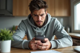 Jeune homme en hoodie regardant son smartphone à la maison