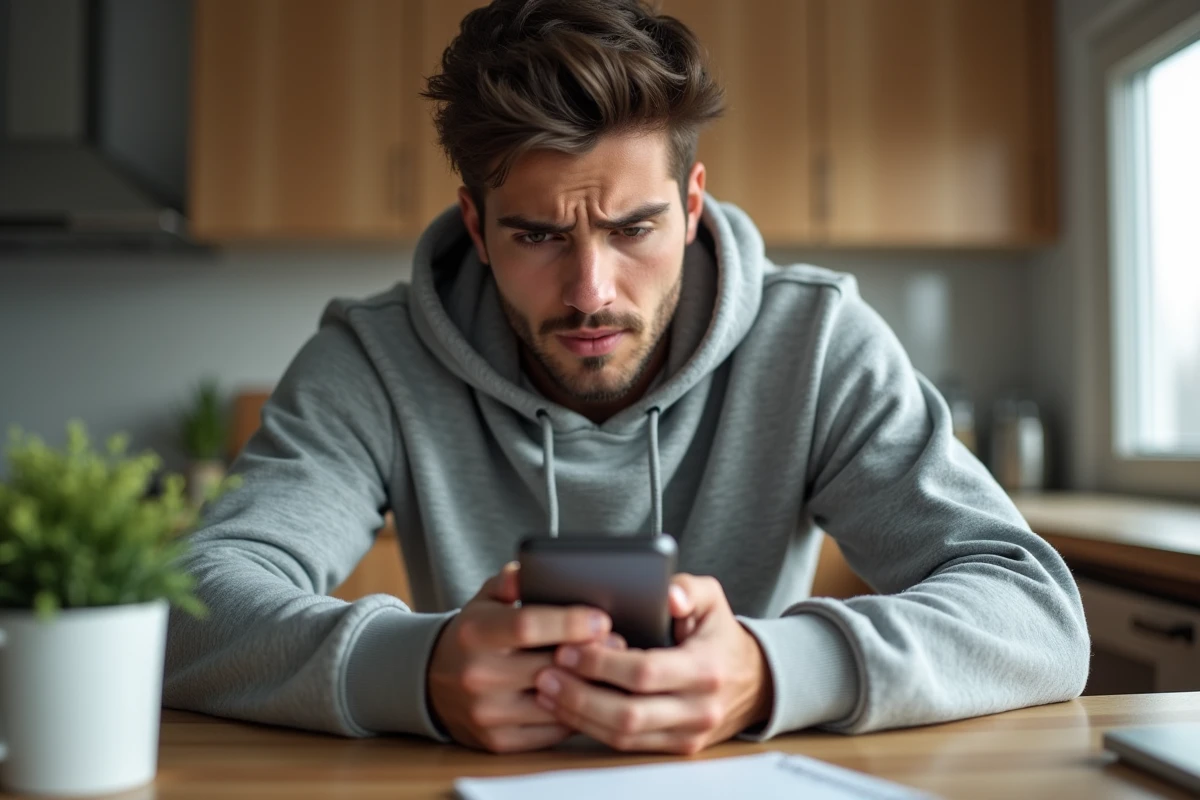 Jeune homme en hoodie regardant son smartphone à la maison