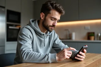 Jeune homme avec smartphone Samsung A51 à la maison