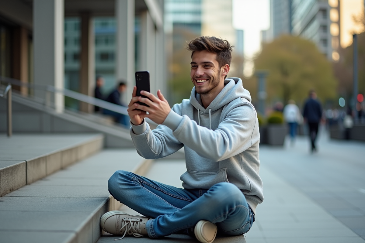 Jeune homme filmant un TikTok en extérieur en ville