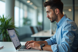 Jeune homme professionnel analysant des graphiques sur son ordinateur