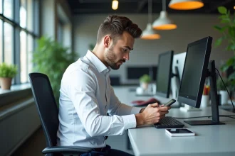 Jeune homme professionnel utilisant son smartphone sous son bureau