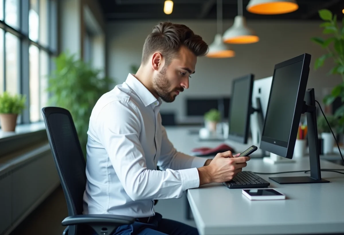 Jeune homme professionnel utilisant son smartphone sous son bureau