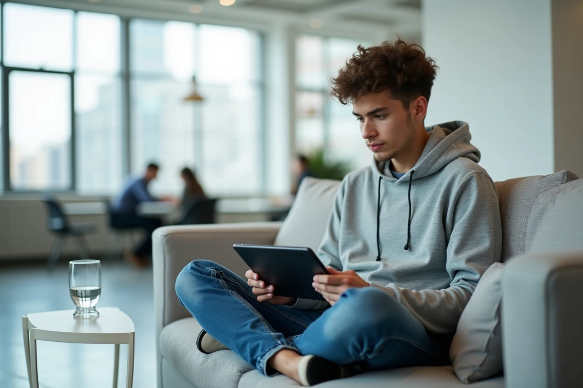 Jeune professionnel lisant un article de blog sur une tablette dans un espace de coworking