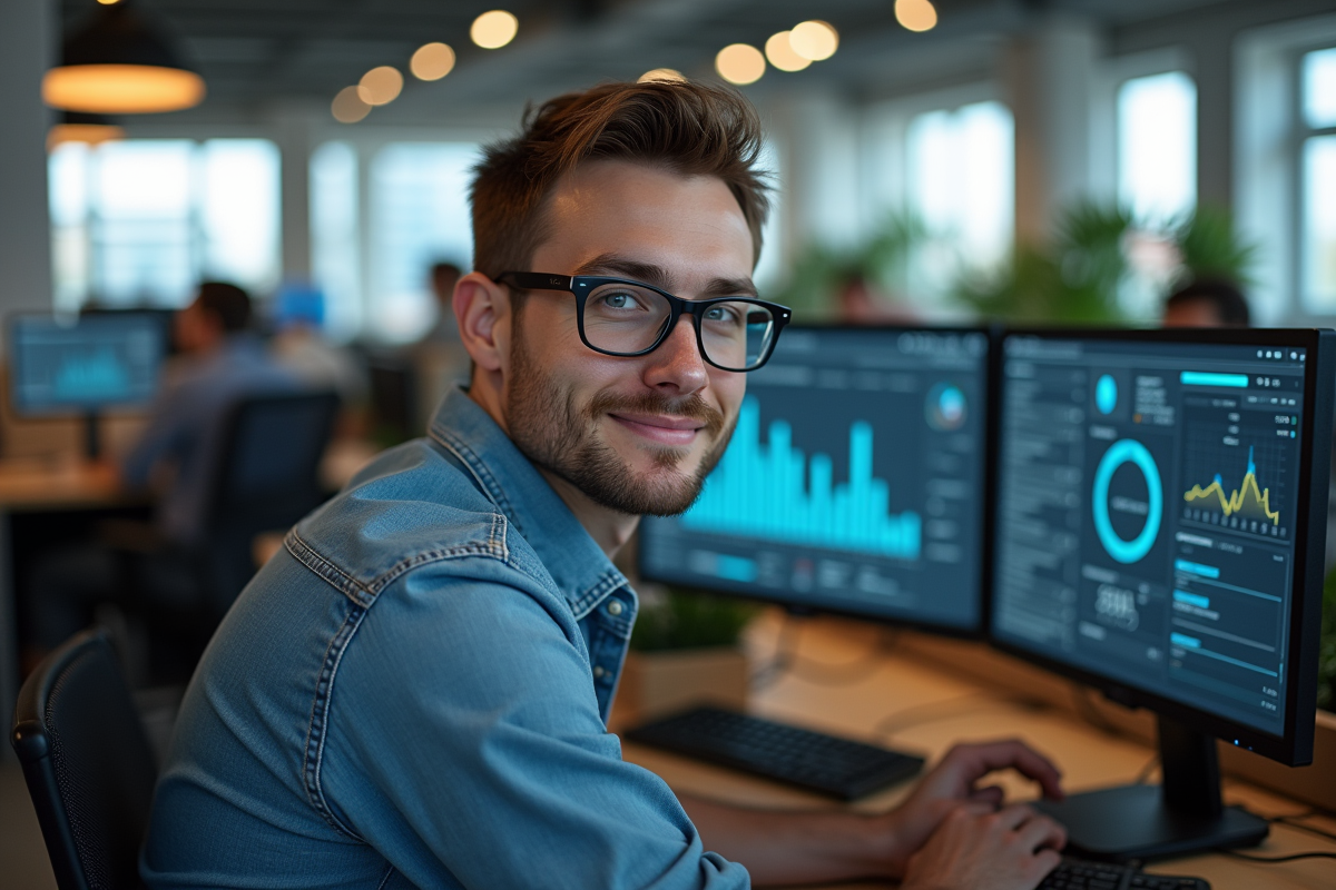 Jeune spécialiste technologie travaillant sur plusieurs écrans