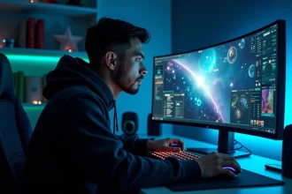 Joueur assis devant un écran ultrawide 21/9 affichant une interface de jeu spatial Eve Online avec panneaux étendus