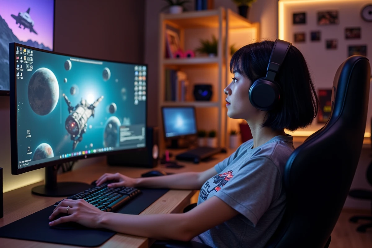 Joueuse analysant un setup double écran avec ultrawide 21/9 pour Eve Online dans une salle gaming professionnelle