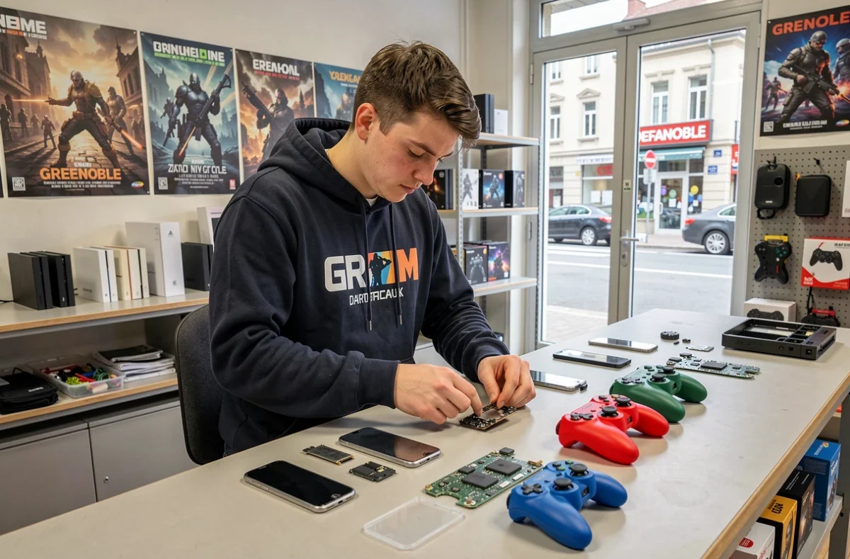 Technicien keepUgame à Grenoble réparant simultanément un smartphone et une manette de console sur un comptoir d'atelier