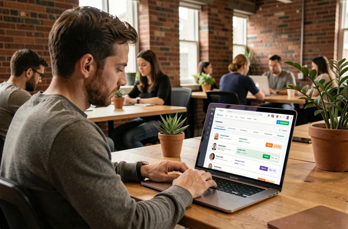 Expert IT indépendant utilisant la plateforme Kicklox sur un MacBook dans un espace de coworking pour trouver des missions