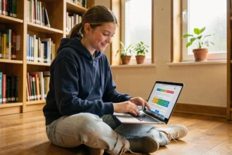 Lycéenne consultant un blog scolaire éducatif sur son ordinateur portable dans une bibliothèque scolaire moderne