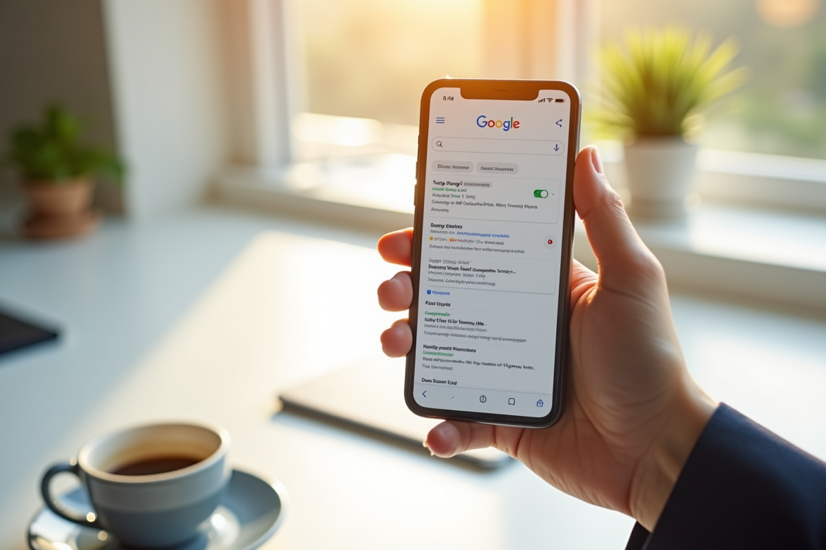 Main tenant un smartphone avec une recherche Google en cours