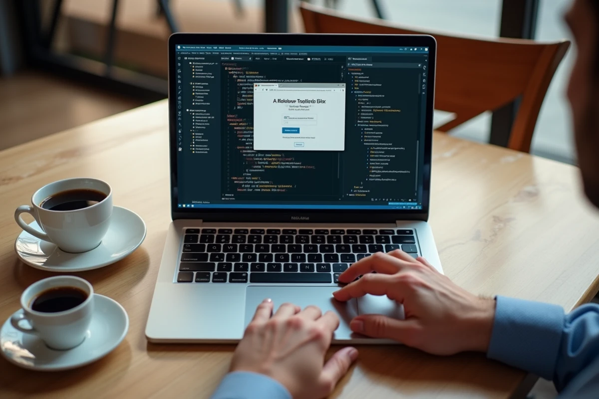 Mains de développeur sur laptop affichant du code CSS de positionnement absolu pour tooltip dans un café