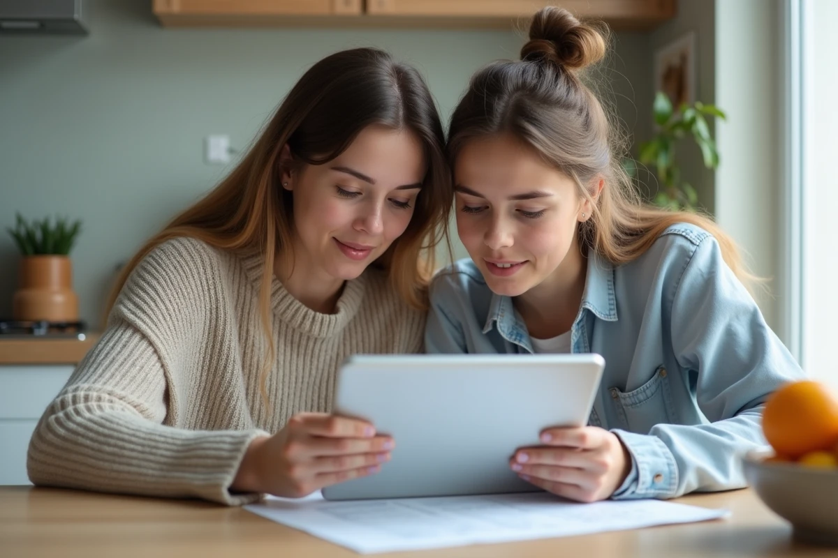 Mère et fille discutant à la table de cuisine