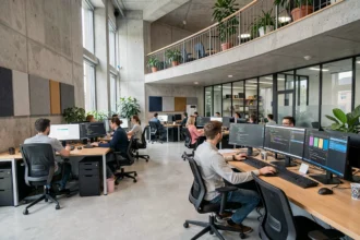 Vue d'ensemble d'un bureau informatique moderne en Auvergne-Rhône-Alpes avec des professionnels IT au travail