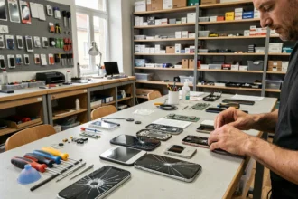 Vue d'ensemble d'un atelier de réparation de smartphones dans le Val-d'Oise avec un technicien travaillant sur des appareils démontés