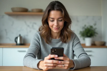 Mère paramétrant le partage de localisation sur un iPhone dans une cuisine moderne