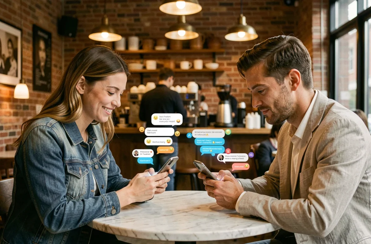 Deux jeunes professionnels utilisant des applications de messagerie IA sur smartphones dans un café urbain tendance en 2026