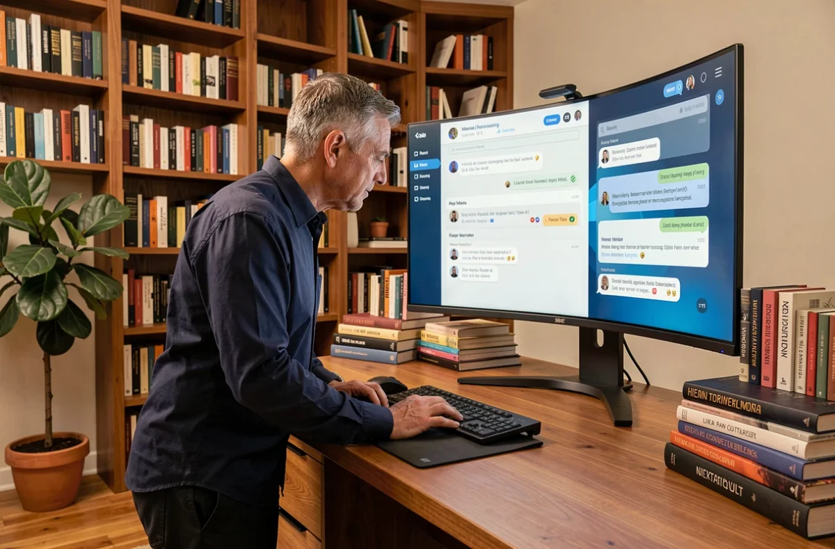 Homme en télétravail utilisant une plateforme de messagerie IA avancée sur écran incurvé dans un bureau à domicile contemporain