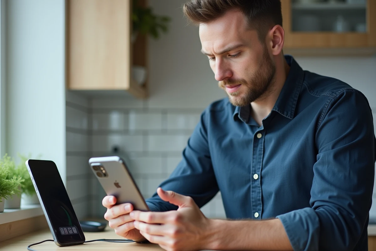Homme effectuant un transfert de données de l'iPhone vers le Google Pixel 6 avec un câble dans une cuisine moderne