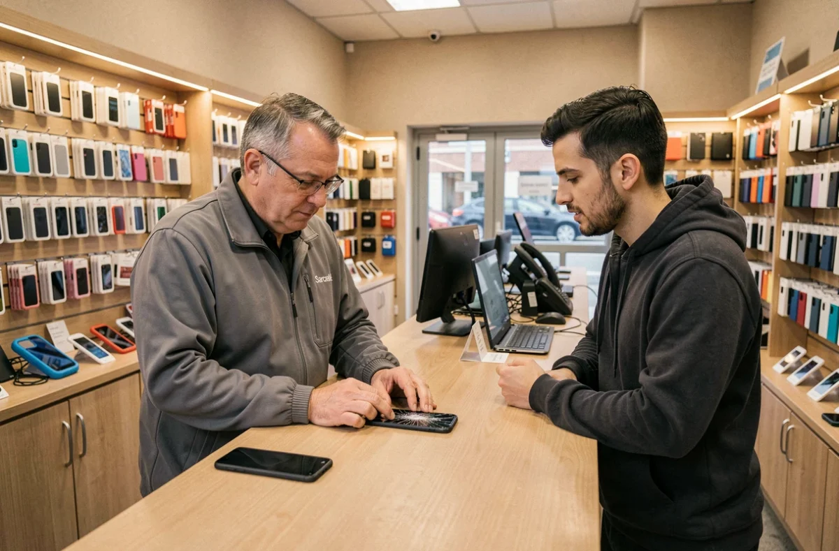 Technicien de Mobile Expert 95 à Sarcelles conseillant un client sur la réparation de son smartphone Android au comptoir du magasin