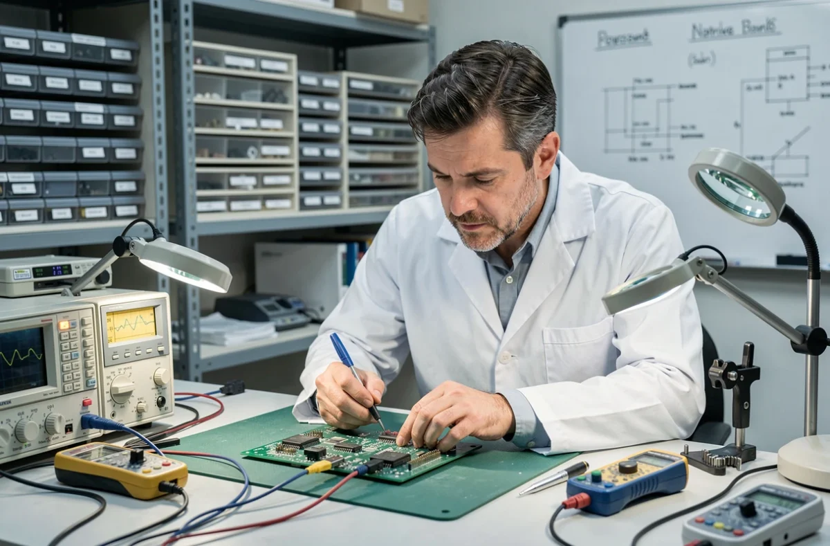 Technicien Olitech effectuant la réparation d'une carte électronique dans un laboratoire informatique professionnel