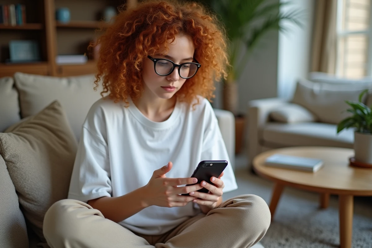 Jeune personne configurant les paramètres de confidentialité de Messenger depuis son canapé