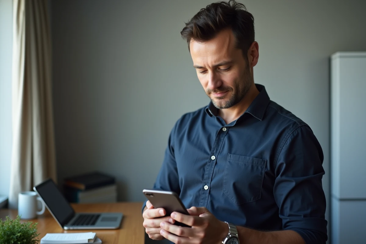 Père utilisant l'application Localiser d'Apple sur iPhone dans un bureau à domicile