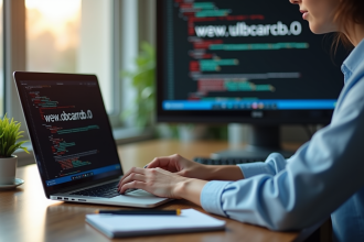Personne travaillant sur un ordinateur portable à un bureau avec écran large