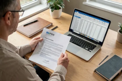 Personne relisant son CV imprimé devant un ordinateur portable
