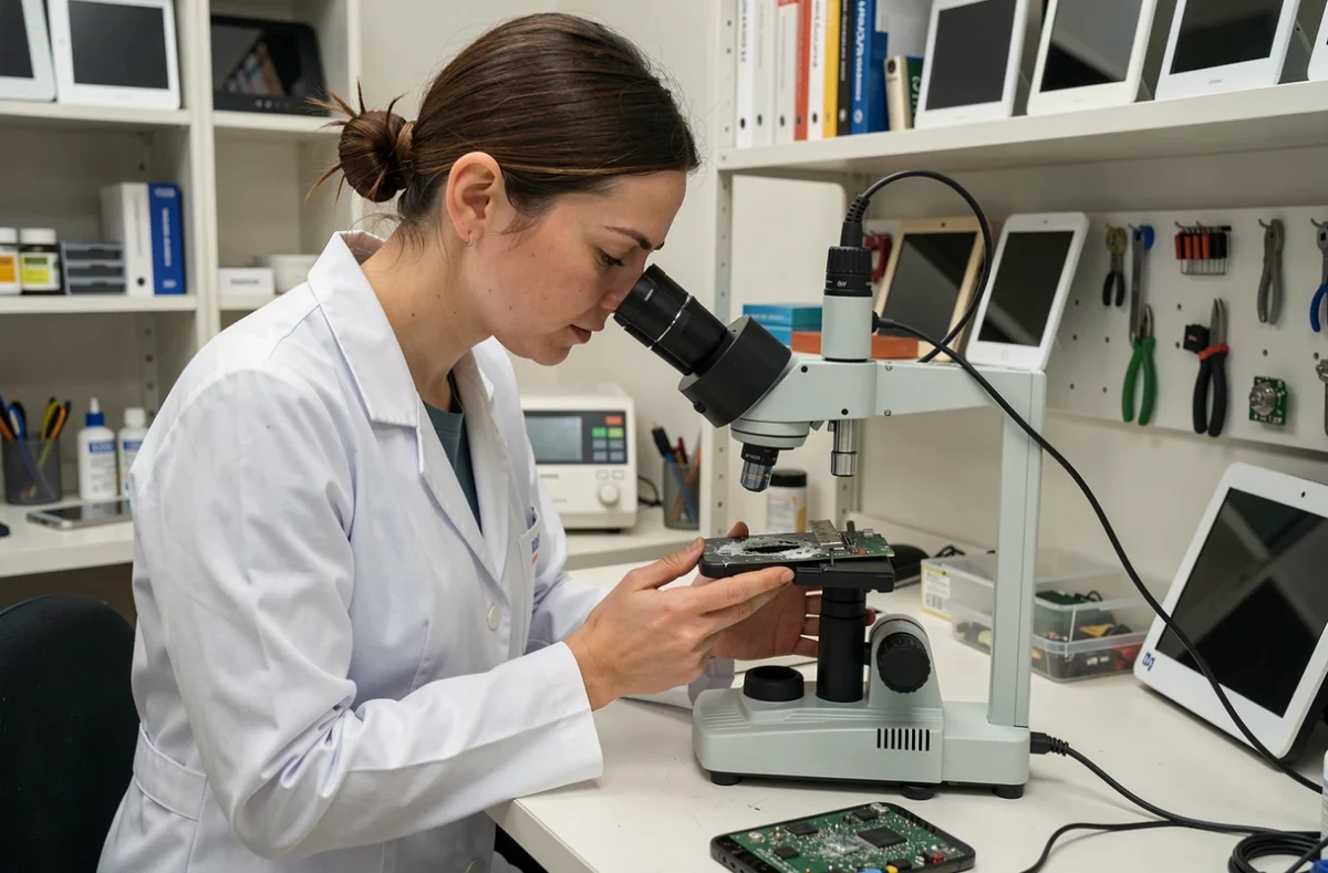 Technicienne de Phone Clinic à Taverny examinant un smartphone endommagé par l'eau sous un microscope USB dans un atelier clinique