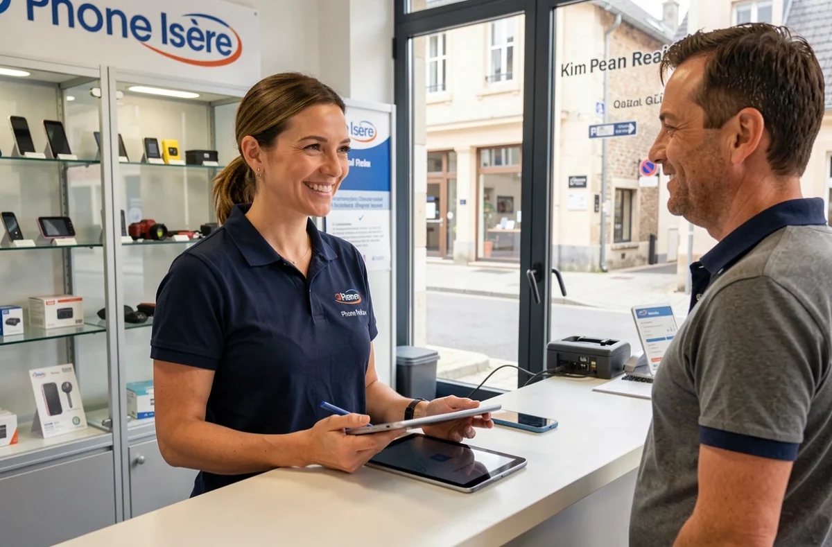 Technicienne de Phone Relax en Isère remettant une tablette et un smartphone réparés à un client satisfait