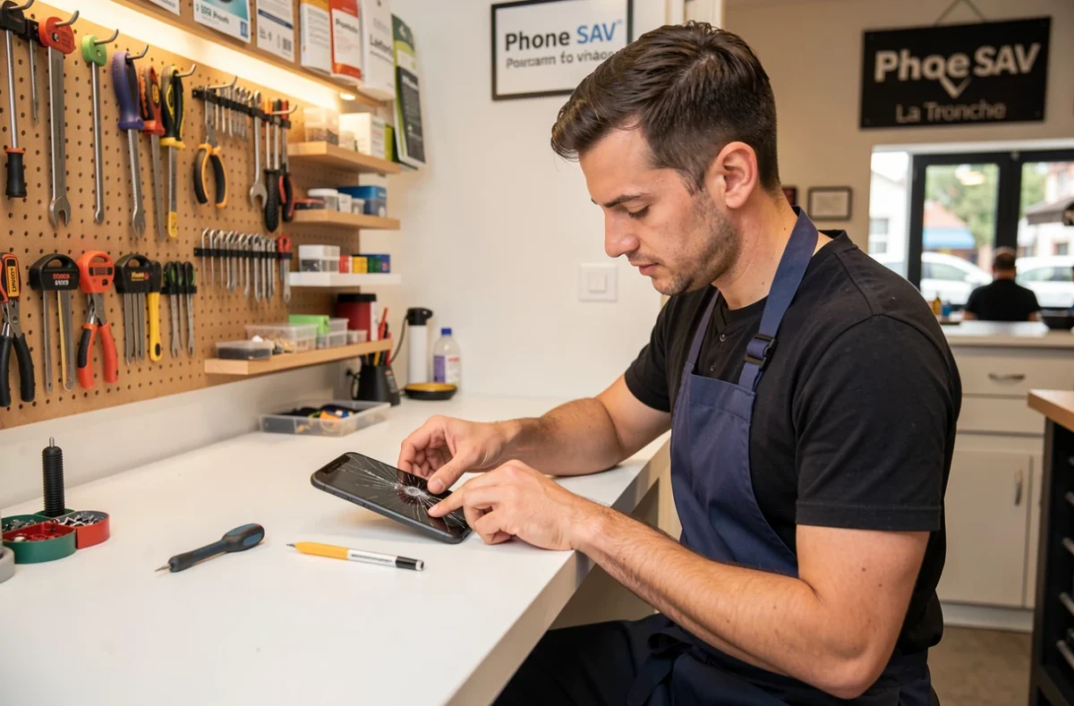 Technicien de Phone SAV à La Tronche remplaçant l'écran d'un smartphone endommagé sur un comptoir de réparation
