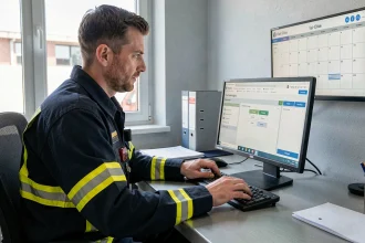 Pompier du Val-d'Oise connecté à la plateforme Agendis 95 sur un ordinateur de bureau dans une caserne