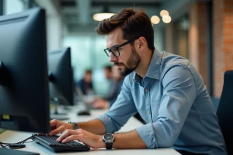 Jeune homme en informatique connectant des ordinateurs en bureau moderne