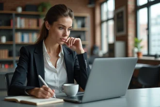 Professionnelle en veille sur un blog informatif à son bureau dans un open space moderne