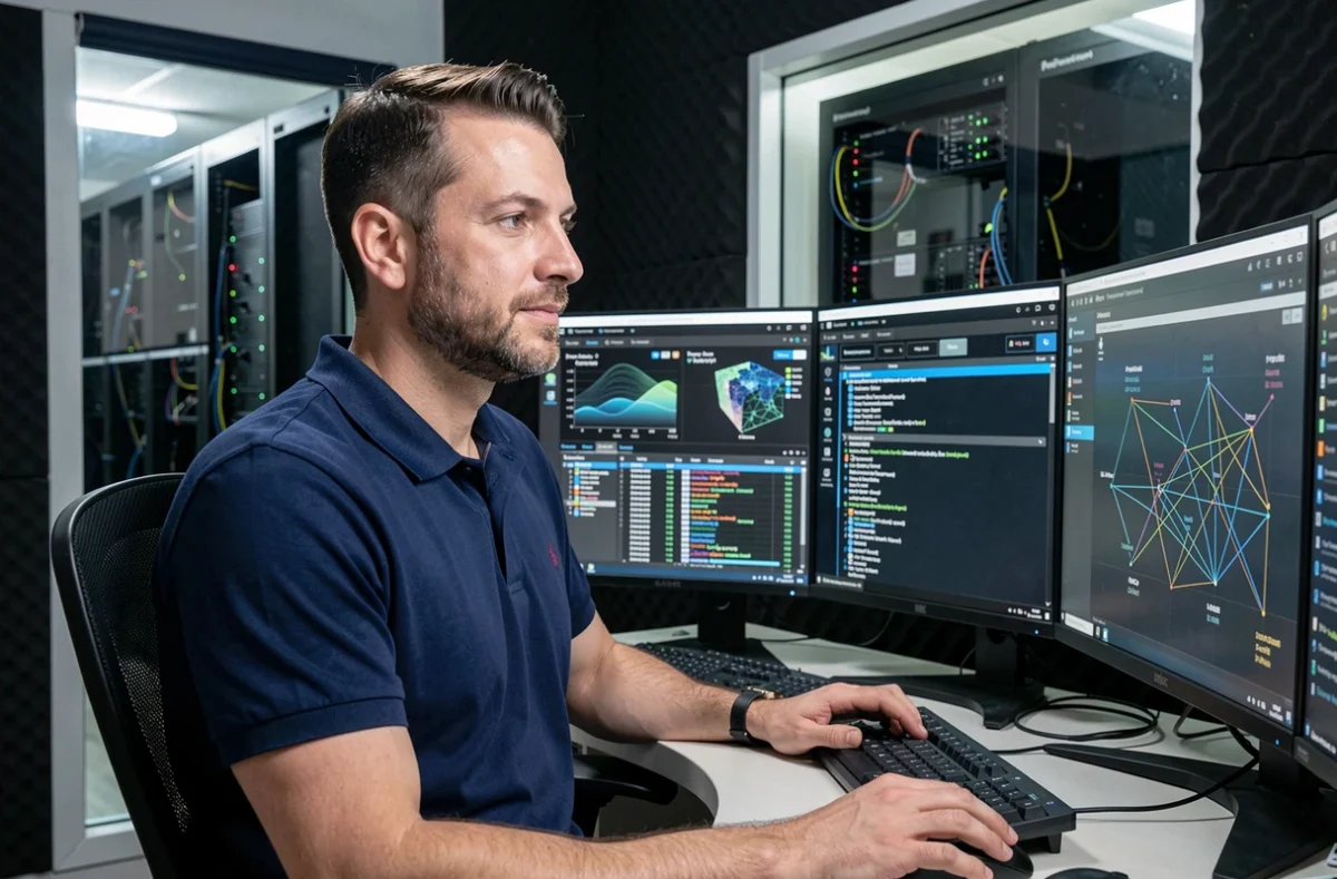 Ingénieur en cybersécurité de Prorexem analysant des tableaux de bord de surveillance réseau dans un bureau sécurisé