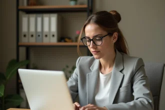 Femme professionnelle configurant la redirection de sa messagerie académique Normandie sur un ordinateur portable dans un bureau à domicile
