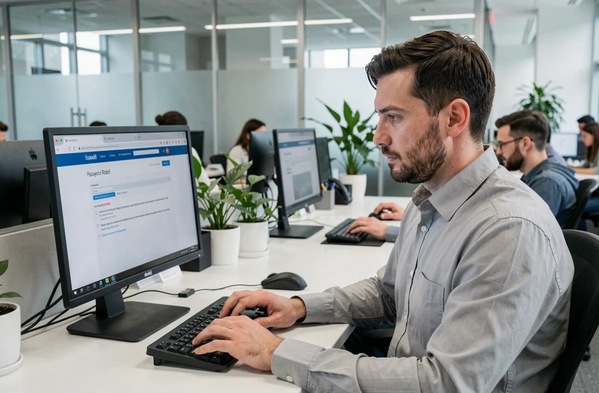 Employé universitaire réinitialisant son mot de passe sur l'interface e-Service de l'UHA depuis un poste de travail administratif