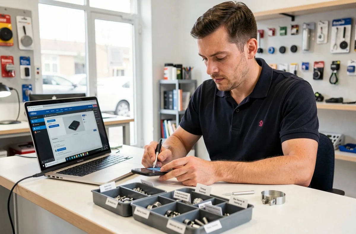 Technicien de Repairexpress à Cergy effectuant un diagnostic numérique sur un smartphone avec un logiciel de réparation spécialisé