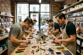 Vue d'ensemble d'un atelier de réparation de smartphones animé en Isère avec des techniciens au travail