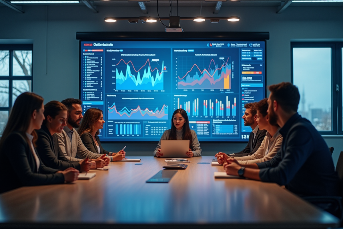 Groupe de professionnels discutant stratégie SEO autour d