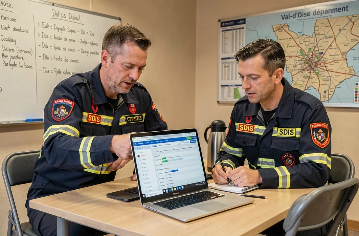 Deux pompiers du Val-d'Oise consultant ensemble le logiciel Agendis 95 lors d'une réunion de planification en caserne