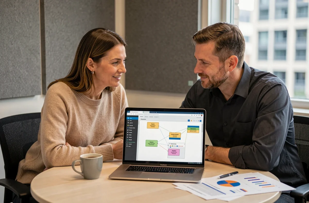 Deux professionnels analysant un schéma en étoile BI sur ordinateur portable en réunion